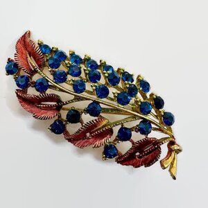 Mamselle Brooch, Leaf, Teal Blue, Enamel, Glass Rhinestones, Signed, 50s, 60s